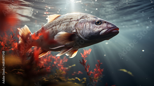 Close-up of a Freshwater Fish Gliding through Sunlit Waters Amidst Vibrant Red Aquatic Plants. Generative AI