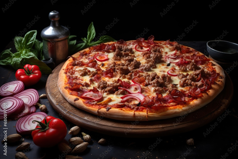 A meat pizza with onions and peppers, Generative AI
