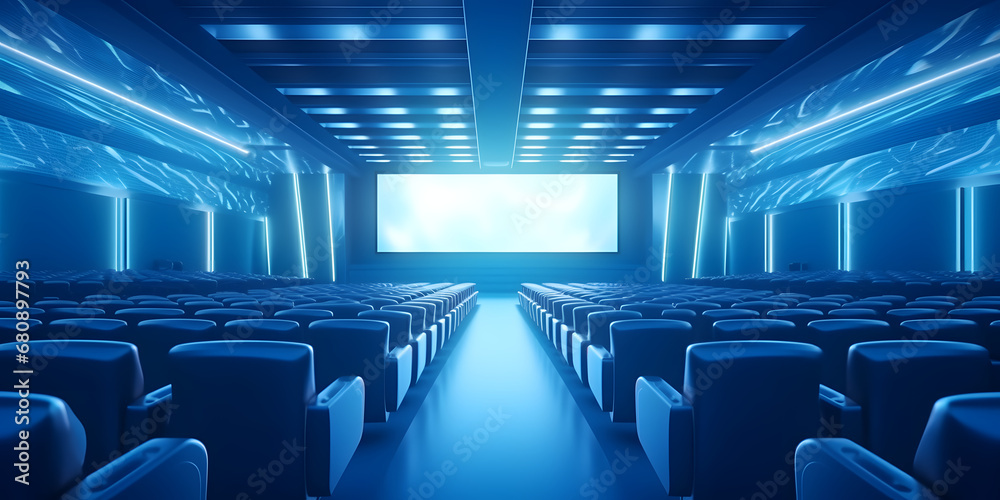 Empty of cinema in blue color with white blank screen. Mockup of hall, no people and auditorium - obrazy, fototapety, plakaty 