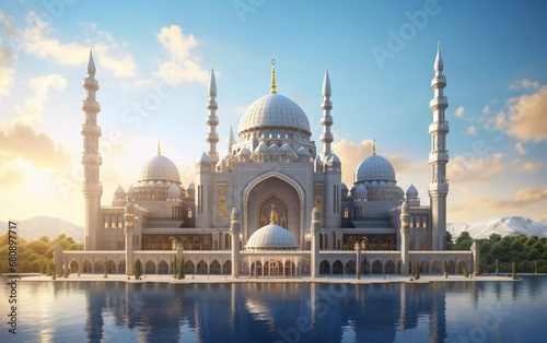 Realistic photo of a mosque with magnificent ancient Islamic architecture. generative ai