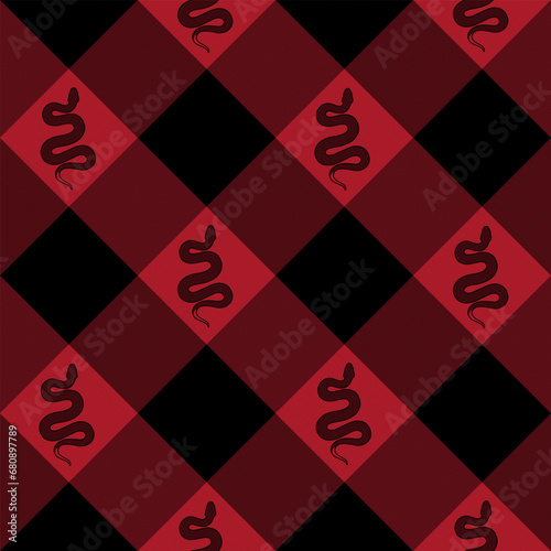 Black and Red Buffalo Check Plaid Vector Pixel Patterns, Diagonal Gingham with Snake Design Background, Symbols Serpent , Modify Mix Design