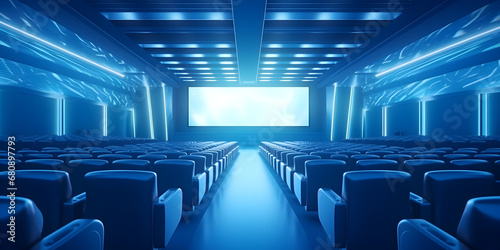 Empty of cinema in blue color with white blank screen. Mockup of hall, no people and auditorium