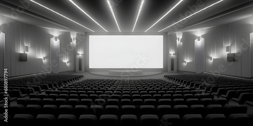 empty conference room, Empty of cinema with white blank screen. Mockup of hall, no people and auditorium