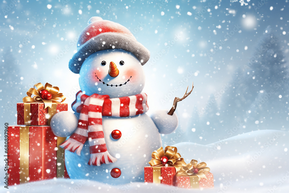 Cute snowman with gifts in snowy background wallpaper for Christmas card. Merry Xmas in December. Generative AI. 
