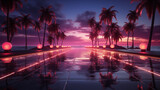 Glowing pink orbs line a reflective pathway by the ocean at sunset, with palm trees and serene sky. Generative AI