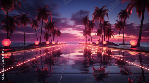 Glowing pink orbs line a reflective pathway by the ocean at sunset, with palm trees and serene sky. Generative AI © Odin