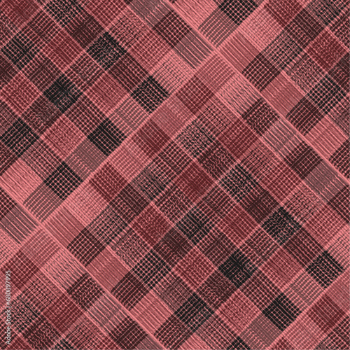 Check Plaid Sealess Pattern, Diagonal Gingham Simple Windowpane in Black, Maroon and Pink with Herringbone