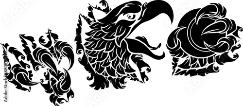 A bald eagle or hawk with claw talons holding a tennis ball and ripping or tearing through the background. Sports Mascot