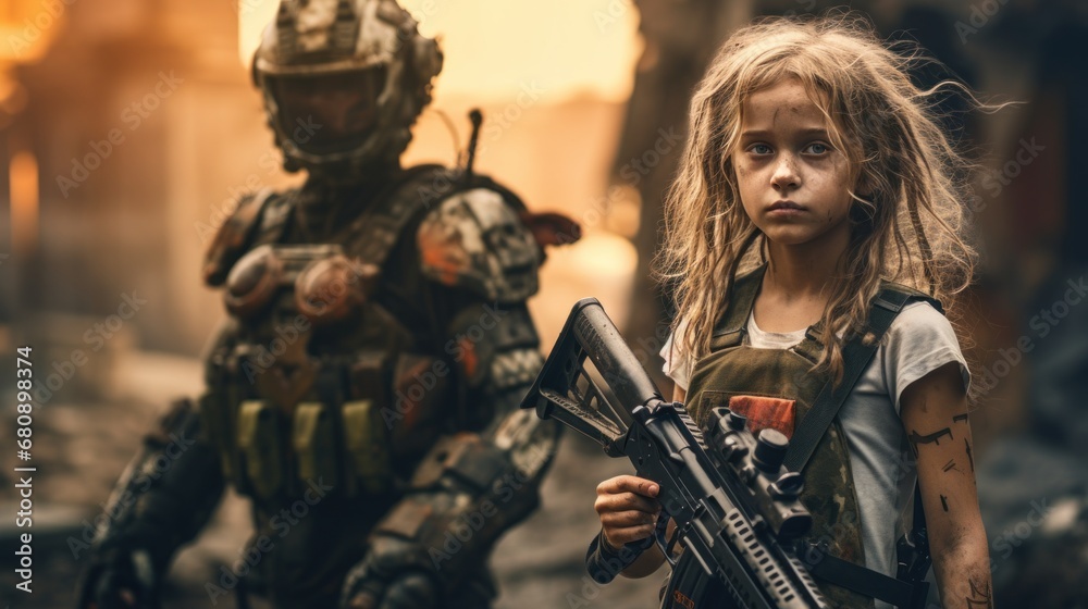 soldiers in uniform and girl with weapons, military game cinematic view