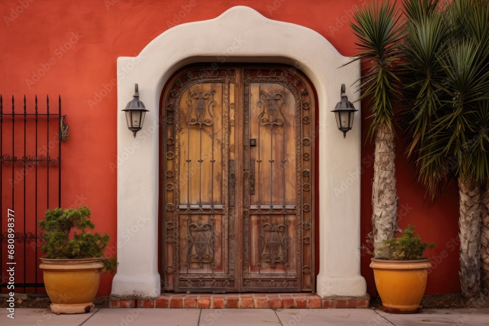 Fototapeta premium side view of spanish revival door with wrought iron accents