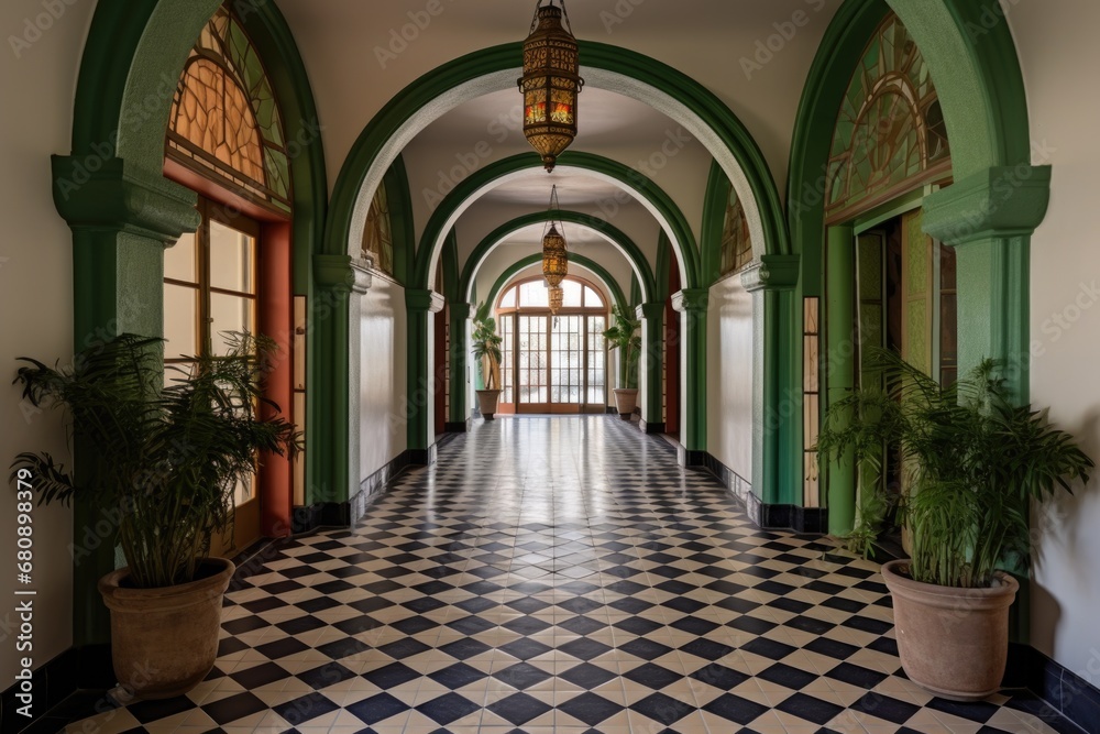 spanish revival corridor with tile-adorned archways