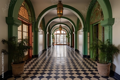 spanish revival corridor with tile-adorned archways