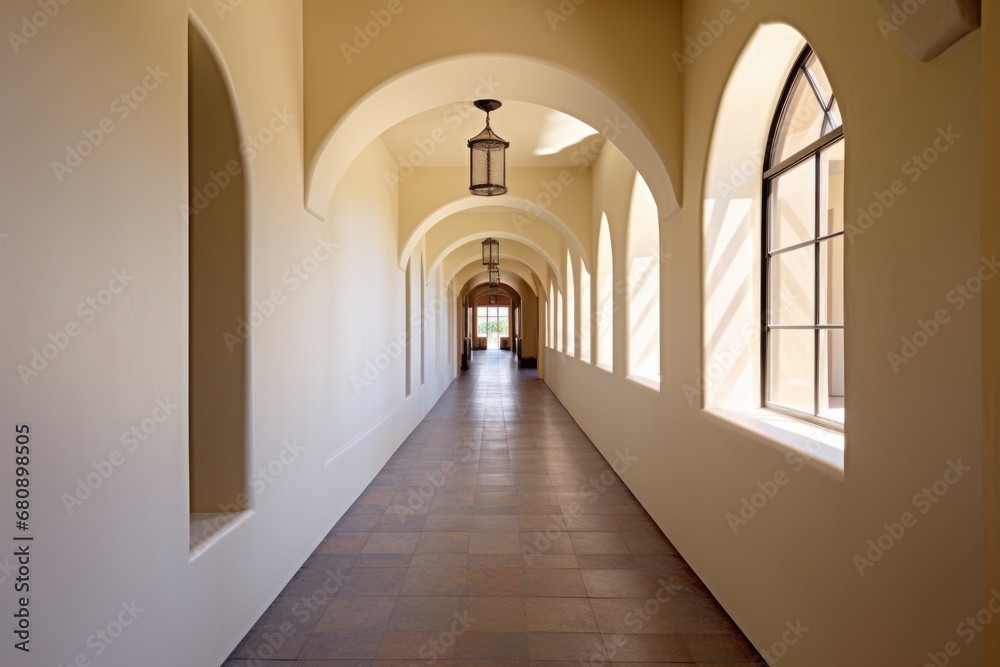 long stucco hallway with arched openings on side