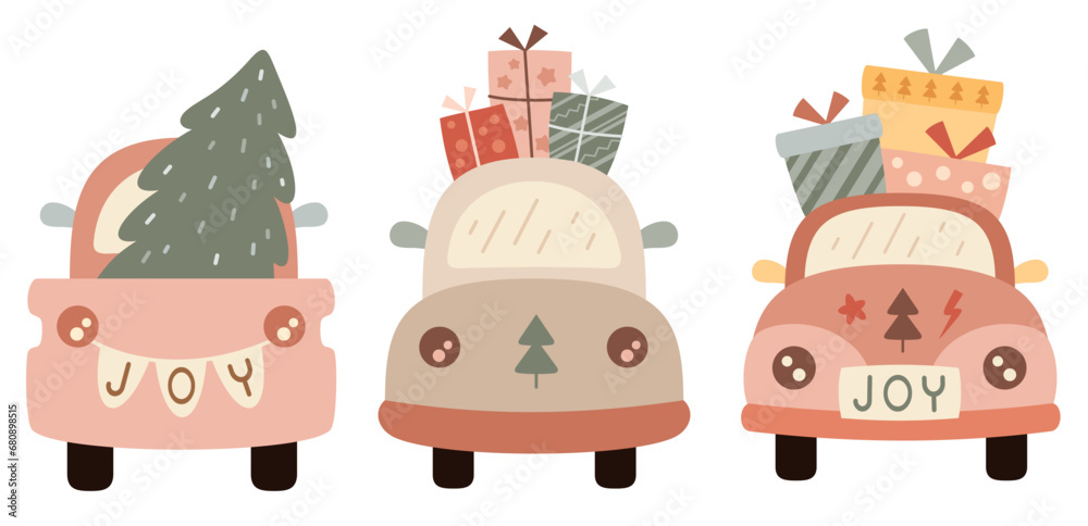 Pink Christmas cars clipart. Retro Christmas tree truck clipart in cartoon flat style Pink Christmas cars clipart. Retro Christmas tree truck clipart in cartoon flat style