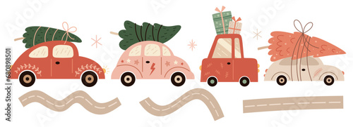 Pink Christmas cars clipart set in cartoon retro style. Christmas tree truck design. Holiday vector illustration.