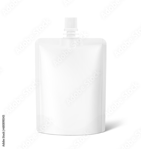 Spout pouch packaging mockup. Vector illustration isolated on white background. Front view. Can be use for template your design, presentation, promo, ad. EPS10.