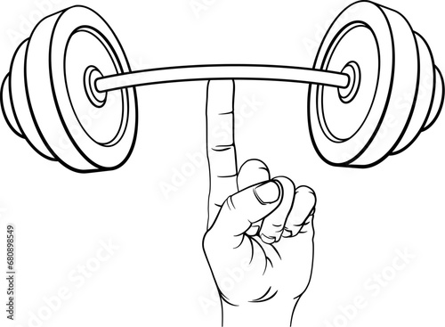 A super strong weight lifting or weightlifting hand holding a heavy barbell or dumbbell with one finger concept.