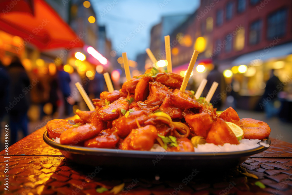 beloved German cuisine, savoring fresh currywurst at the bustling market stall.