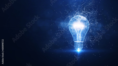 Electric light bulb bright polygonal connections on a dark blue background. Technology concept innovation artificial intelligence brainstorming business success. photo