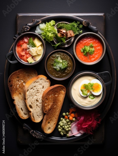 vegetable soup with eggs and bread, Mediterranean food setting with flat lay view