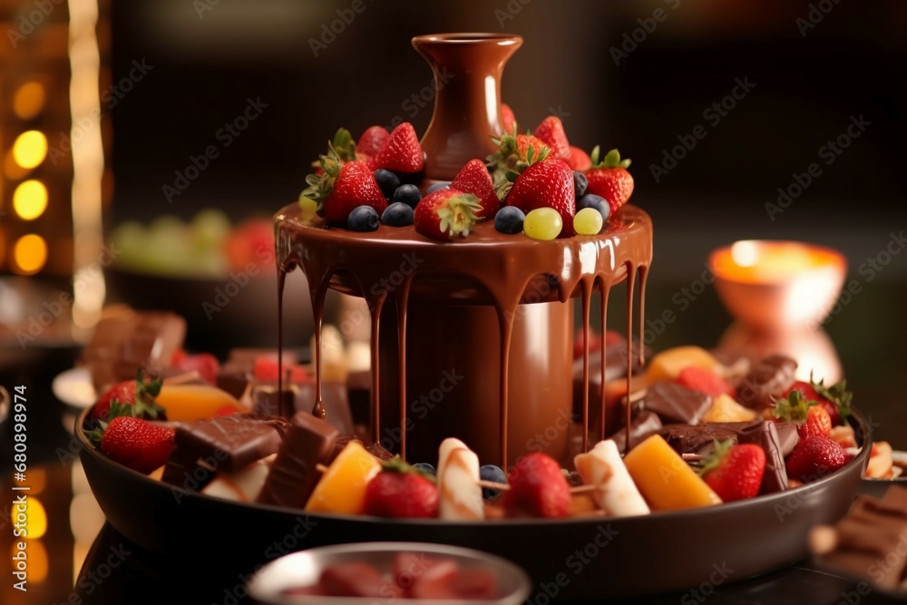 a bubbling chocolate fountain with skewered fruits and treats