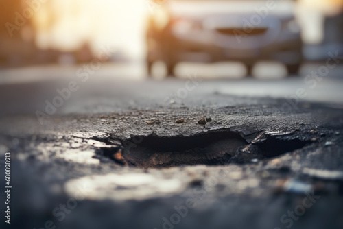 A pothole on an asphalt road, illuminated by sunlight, showcasing the need for repair in the downtown area. photo
