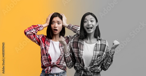 Canvas Print Creative collage with young asian woman expressing contrasting emotions