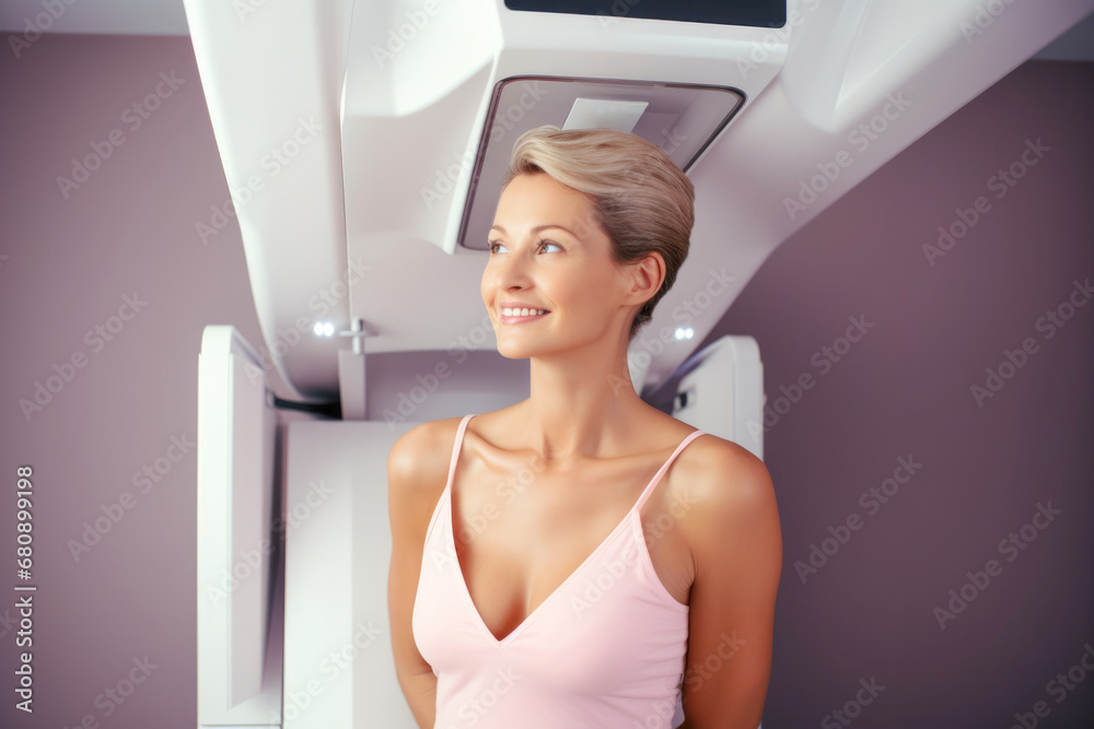 A woman having a mammogram, emphasizing the role of advanced medical technology in the diagnosis and prevention of breast cancer. A woman having a mammogram, emphasizing the role of advanced medical technology in the diagnosis and prevention of breast cancer.