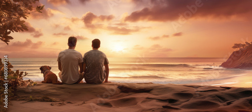 A portrait of two men, part of a loving homosexual relationship, smiling and embracing on a summer evening by the sea. photo