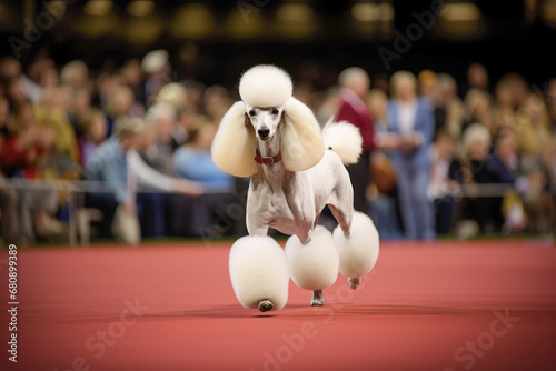 A white poodle at a dog grooming show, showcasing its purebred beauty. photo