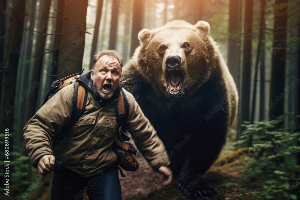 a backpacker hurriedly running away from a bear in a survival situation, underscoring the dangers of wildlife encounters in the wilderness.