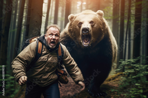 a backpacker hurriedly running away from a bear in a survival situation, underscoring the dangers of wildlife encounters in the wilderness. photo