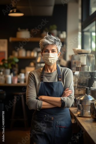 Smiling woman wearing a face mask, standing behind the counter of her coffee shop. There are a few customers sitting at the tables, chatting and enjoying their coffee.