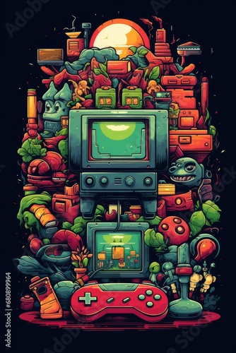Retro Gamer: Vintage gaming icons and pixel art for old-school gamers. Professional t-shirt design vector