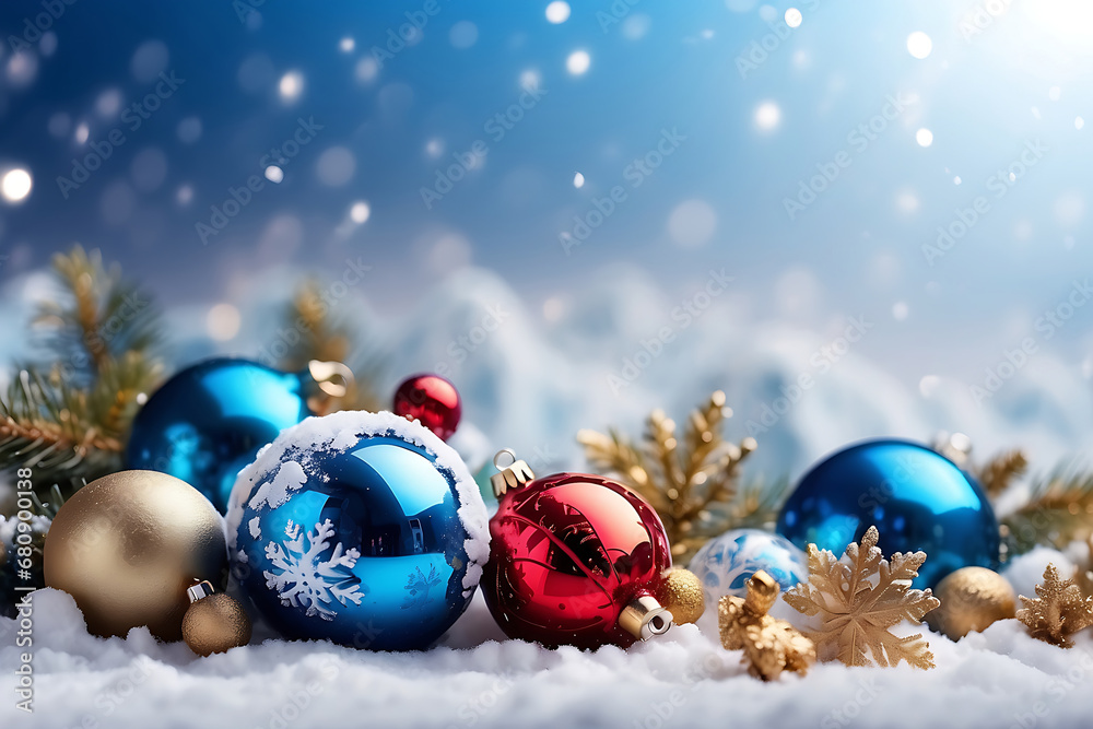 Christmas ball in the snow on blurred light blue background Christmas ball in the snow on blurred light blue background