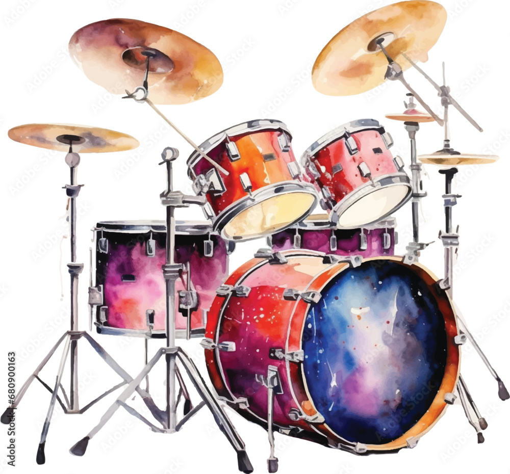 Fototapeta premium Watercolor drum set on white background