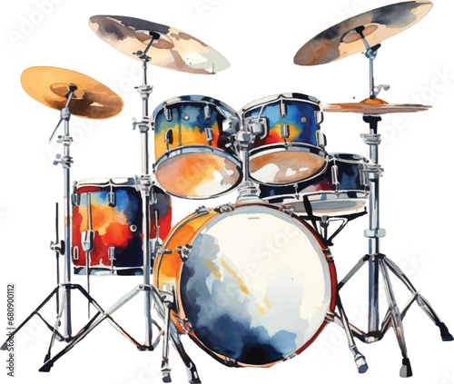 Watercolor drum set on white background