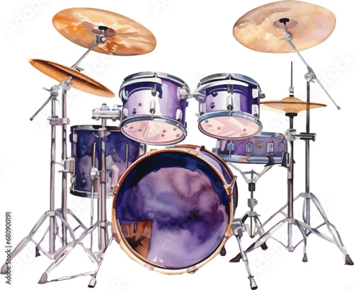 Watercolor drum set on white background
