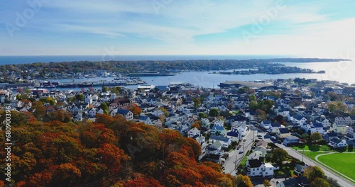 Autumn aerial, drone, video the City of Gloucester, Massachusetts, MA, USA.	