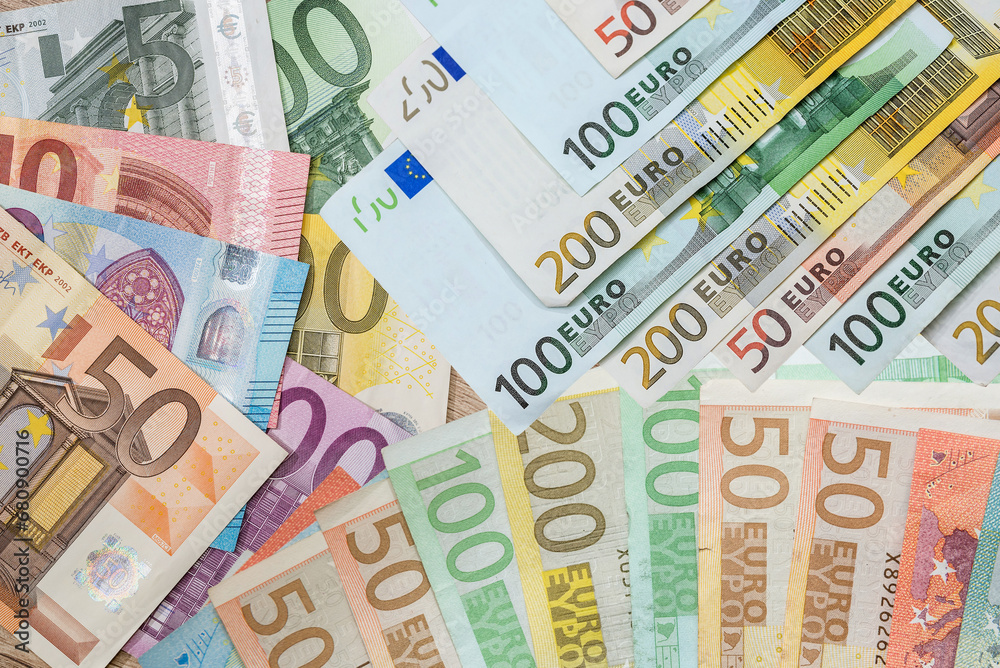 Obraz premium Euro cash background, Eur seamless pattern of banknotes