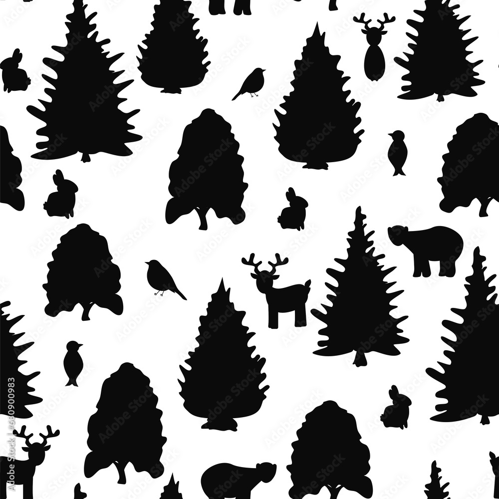 cute hand drawn abstract simple black and white seamless vector pattern background illustration winter forest with trees, bears, rabbits, birds and reindeer cute hand drawn abstract simple black and white seamless vector pattern background illustration winter forest with trees, bears, rabbits, birds and reindeer