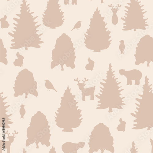 cute hand drawn abstract seamless vector pattern background illustration winter forest with trees  bears  rabbits  birds and reindeer