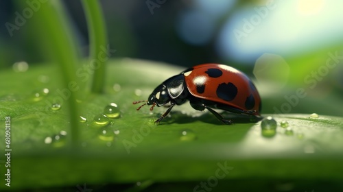 ladybug on green grass with dew drops macro close up