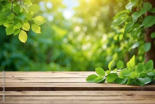 Wood table top with natural forest and green background