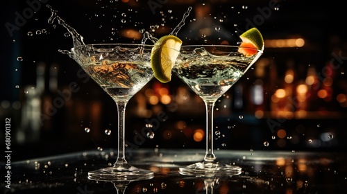 Martini glasses with splashes of water and fruits on black background