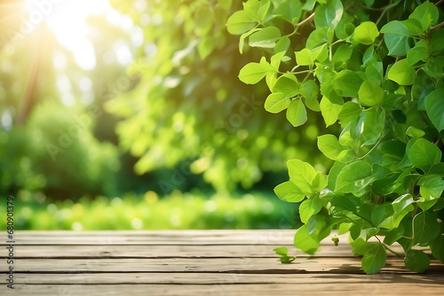 Wood table top with natural forest and green background