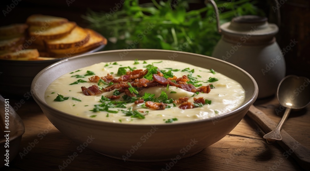 Bowl potato soup with bacon on wooden table. Generative AI