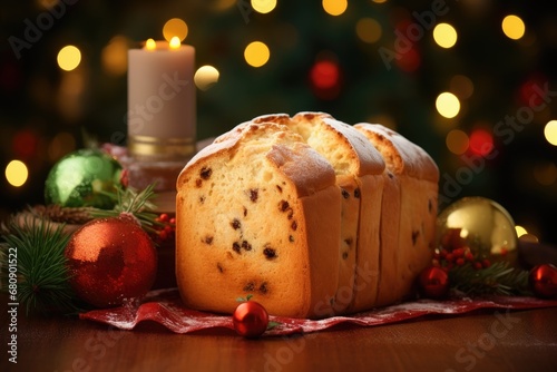 Traditional Italian Christmas cake panettone with festive decorations. Generative AI
