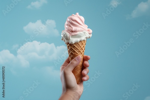 Hand with ice cream, blue background, photorealistic, Generative AI