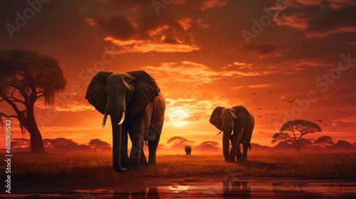 Family of elephants walking through the savana at sunset. Amazing African wildlife. Generative AI